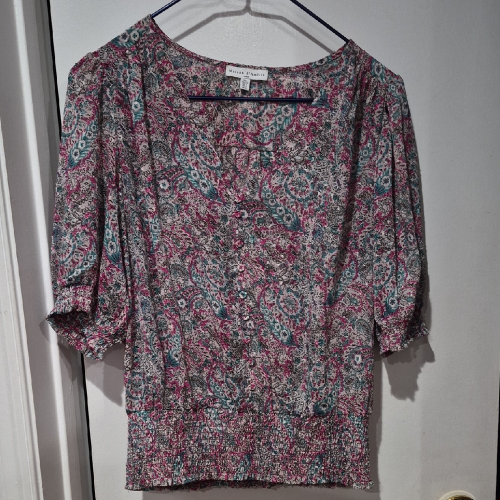 📚 Maison d'Amelie Paris Multicolor Paisley Floral V neck top Blouse  BOOK SALE!